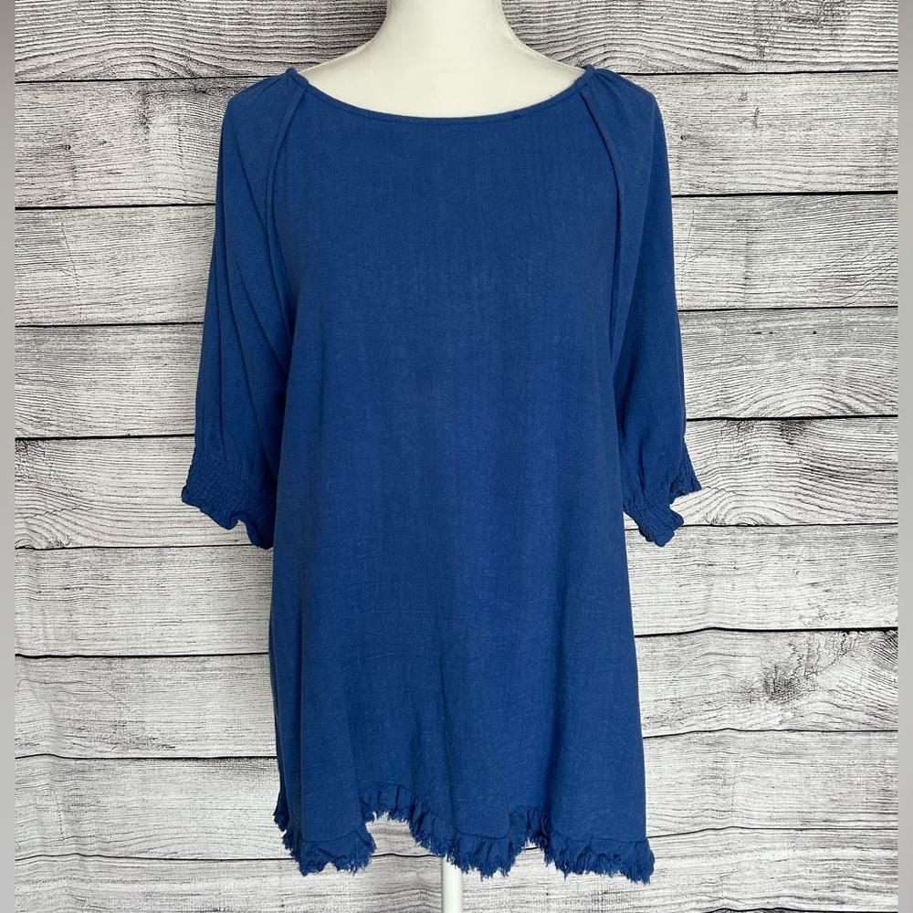 Umgee Blue Raw Hem Dolman Sleeve Blouse